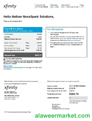 USA XFINITY business utility bill Word and PDF template